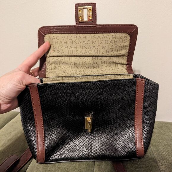 Isaac Mizrahi Black Brown Genuine Textured Snakeskin Embossed Leather Crossbody - Picture 9 of 11